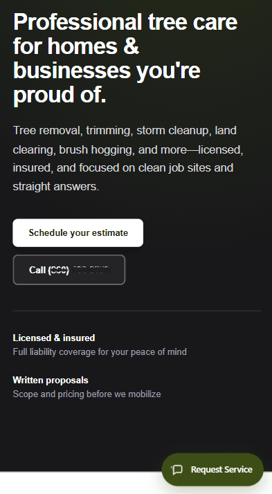 Tree service site with a Request Service chat button