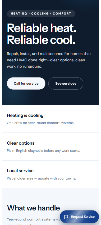 HVAC site with a Request Service chat button